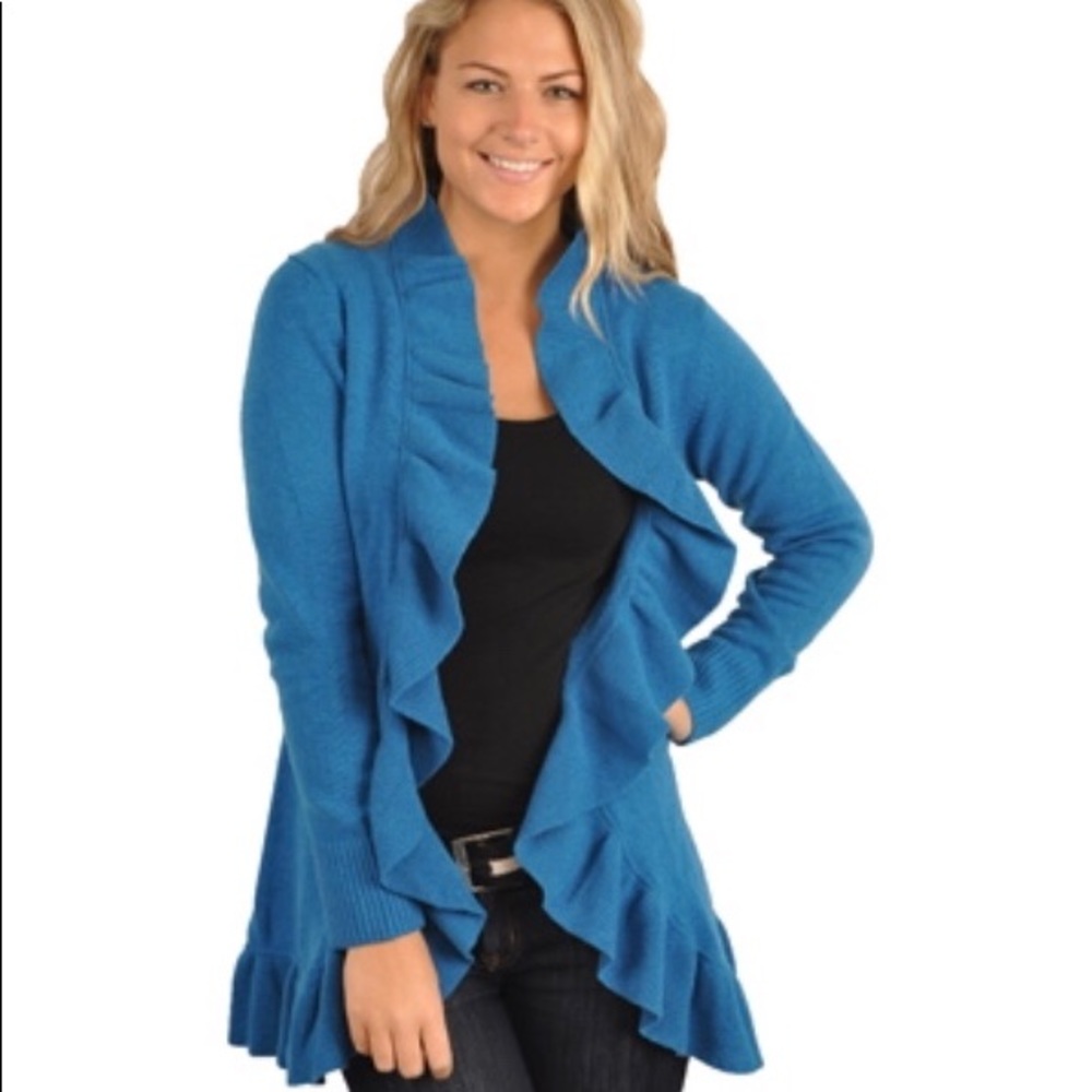 Forte cashmere long ruffle trim cardigan blue M